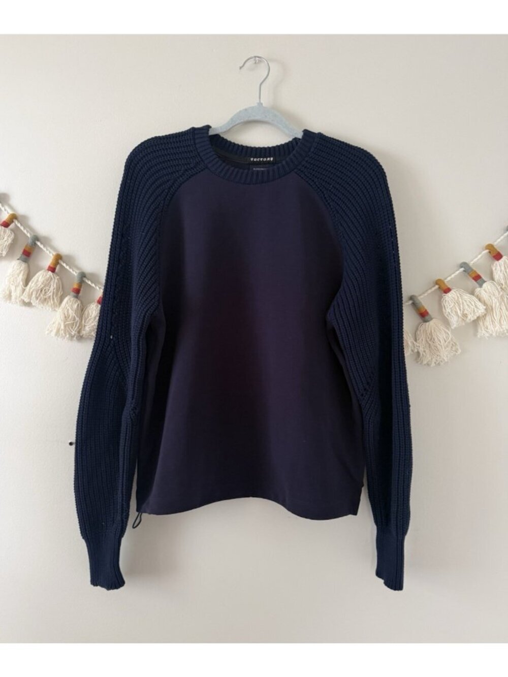 Anthro Scotch & Soda Factory Navy Hybrid Pullover Sweater Knit Sleeves Preppy M